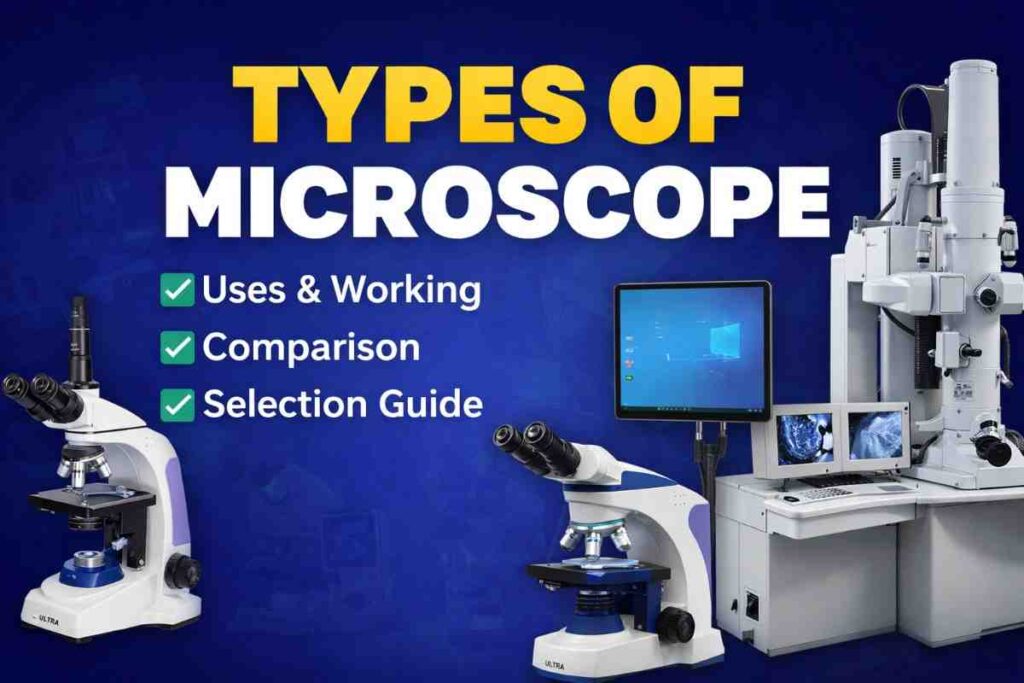 Types of microscope banner showing compound microscope, digital microscope, and electron microscope with text highlighting uses, comparison, and selection guide