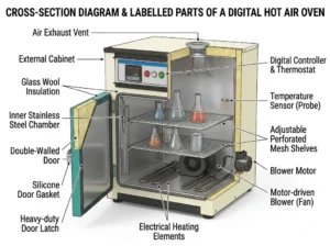 hot air oven labelled parts, cross-section